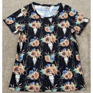 Cheekys Black and Floral flowers short sleeve Blouse Top Women’s Size Large New